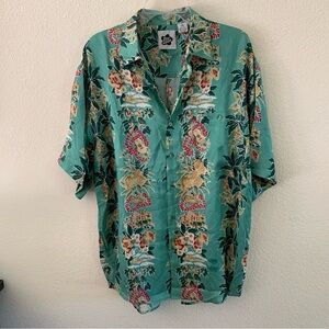 NWT Vtg HILO HATTIE Hawaiian Shirt Men's M 100% Silk Green Floral Hula Ukulele